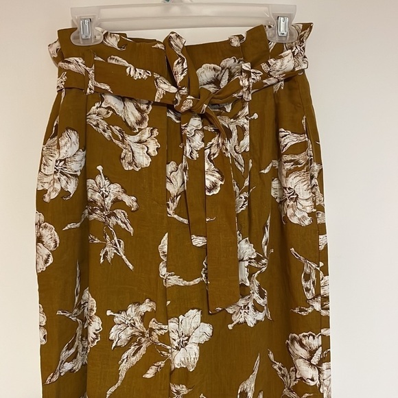 ZARA Paper Bag Waist Floral Pants Medium Tie Mustard Yellow Linen Straight - Picture 3 of 14
